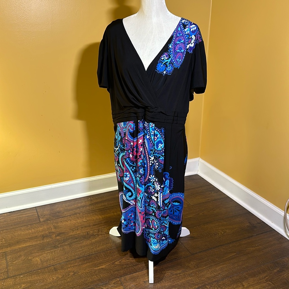 Lane Bryant black short sleeve, short dress with happy pink and blue paisley